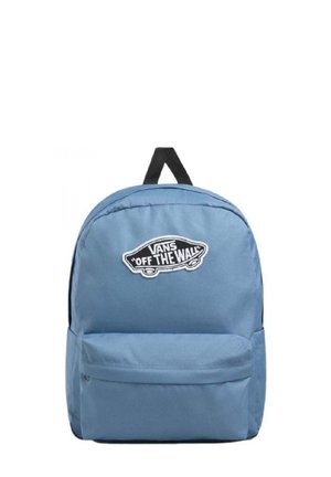 Mochila Vans azul claro con bolsillo delantero con cremallera y asa superior negra, con el parche del logo Vans "Off the Wall" en la parte frontal.
