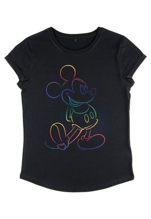 T-shirt nera a maniche corte con un design a contorno arcobaleno di un personaggio dei cartoni animati. Materiale in cotone, scollatura rotonda, vestibilità comoda.