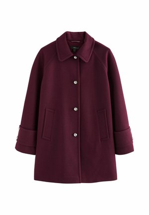 Manteau en laine violet foncé avec des boutons décoratifs argentés, poignets repliés avec boutons, deux poches fendues à l'avant et un col classique.