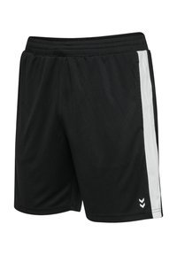 Zwarte sportshorts met elastische tailleband, witte zijpanelen en een klein wit chevron-logo vlak bij de zoom aan één been.