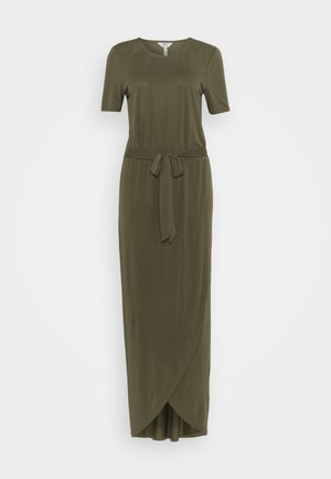 Robe maxi manches courtes vert olive avec encolure arrondie, ceinture à la taille et ourlet tulipe.