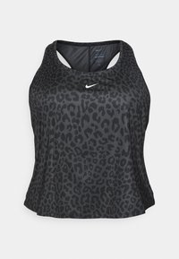 Top de alças preto com padrão de leopardo. Feito de um tecido suave, com decote redondo e design de costas nadador. Logótipo branco na parte da frente.