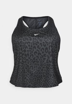 Top de alças preto com padrão de leopardo. Feito de um tecido suave, com decote redondo e design de costas nadador. Logótipo branco na parte da frente.
