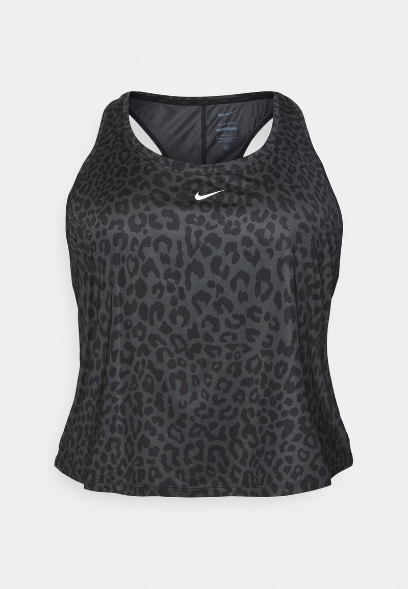 Top de alças preto com padrão de leopardo. Feito de um tecido suave, com decote redondo e design de costas nadador. Logótipo branco na parte da frente.