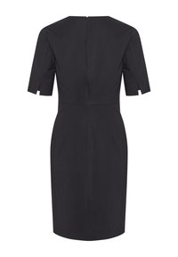 Černé přiléhavé šaty s krátkými rukávy, kulatým výstřihem a zipem na zadní straně. Tkanina má hladký povrch a strukturovanou siluetu.