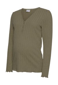 Maternity long-sleeve top in olive green, features a ribbed texture, V-neck with three buttons, and scalloped hem detail. Soft knit material.