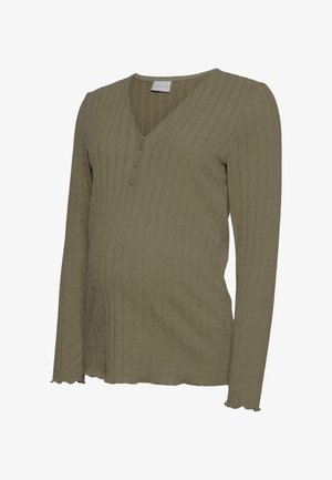 Materské tričko s dlhým rukávom v olivovo zelenej farbe, s rebrovanou textúrou, výstrihom do V s tromi gombíkmi a detailom s vlnkovaným lemom. Jemný pletený materiál.