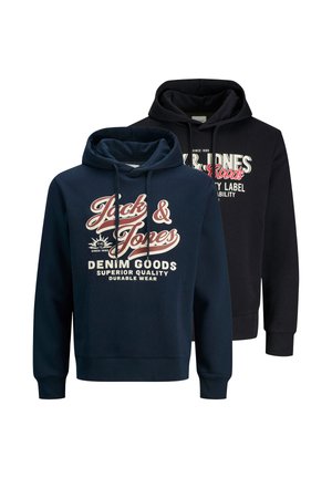 Dwie bluzy z kapturem, jedna w kolorze granatowym, a druga czarna, każda z napisem "Jack & Jones Denim Goods" oraz sznureczkami w kapturach.