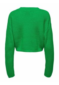 Zielony, krótki sweter z długimi rękawami, wykonany z teksturowanej dzianiny, z okrągłym dekoltem i nieco oversize'owym krojem.