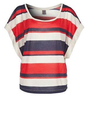 Kortærmet, løstsiddende top med brede, horisontale striber i rød, marineblå og hvid samt rund halsudskæring.