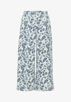 Krémszínű, bőszárú nadrág, kék virágos és paisley mintával. A derékpánt sima, látható zárak nélkül.