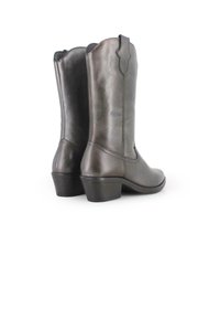 Botas de cowboy de cuero marrón con un tacón de altura media, punta redonda y costuras decorativas en la parte superior. Textura suave y diseño elegante.