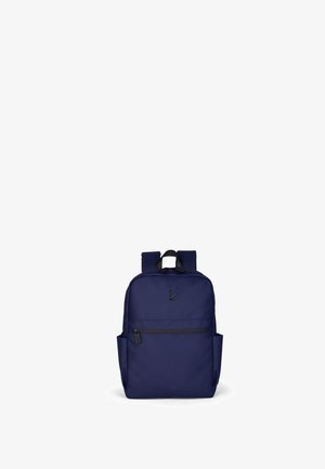 Navy blue backpack made of nylon with a smooth texture, featuring adjustable straps, a front zipper pocket, and dual side pockets.