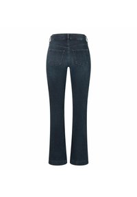 Jean en denim bleu foncé avec une taille haute, deux poches arrière et des jambes légèrement évasées, vu de dos.