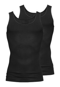 Dwa czarne bawełniane podkoszulki z dopasowanym krojem, z szerokimi ramiączkami i gładką teksturą, idealne do noszenia w warstwach lub na co dzień.