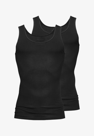 Two black cotton tank tops with a fitted design, featuring wide shoulder straps and a smooth texture, suitable for layering or casual wear.