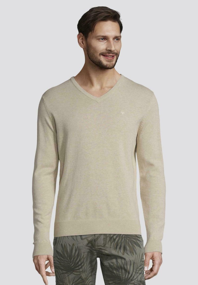 TOM TAILOR V NECK - Strickpullover - beige dark melange