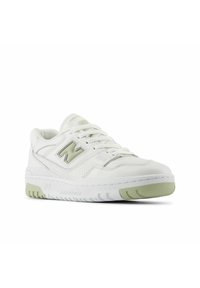 White leather sneakers with light green accents, perforated detailing, and a rubber sole. Features classic lacing and minimal branding.