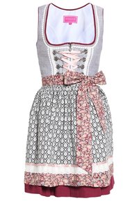 Robe dirndl grise traditionnelle avec laçage en ruban rose, tablier à motifs, nœud floral à la taille et jupe à volants avec bordure en dentelle.