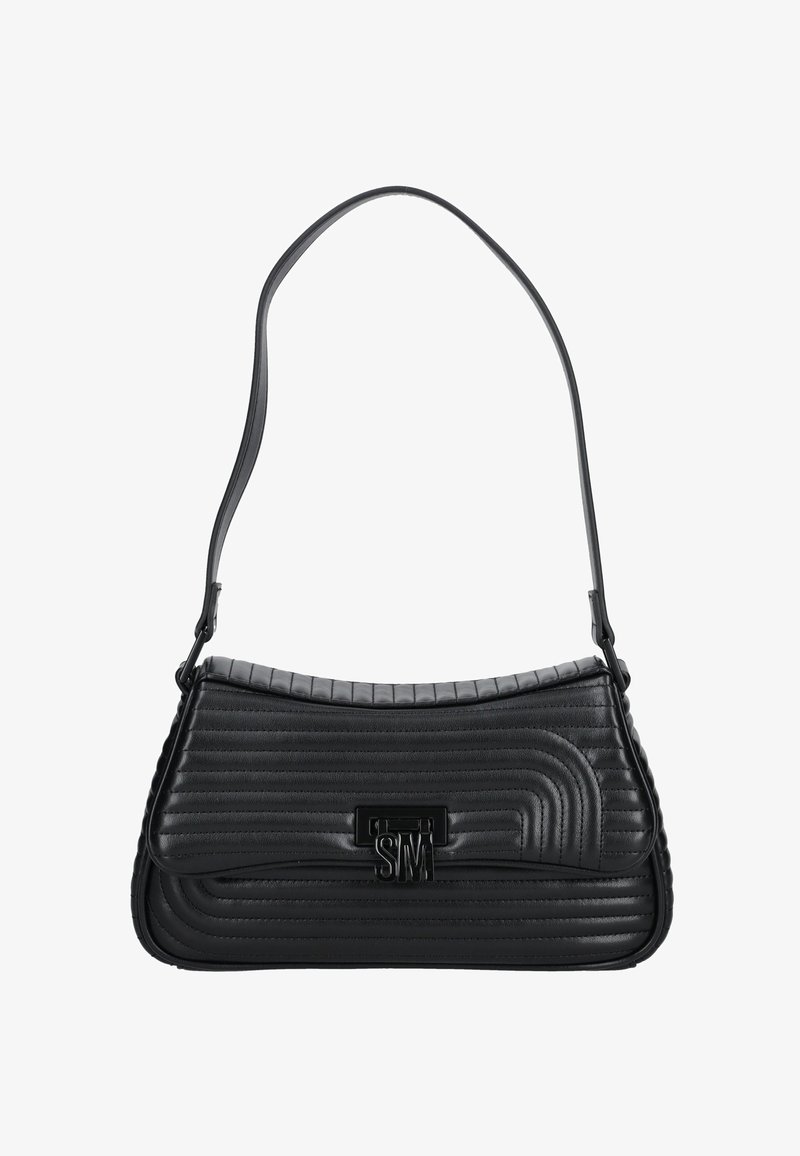 Zwarte leren schoudertas met gequiltte gebogen lijnen, klepsluiting en metalen "SM" logo op de voorklep.