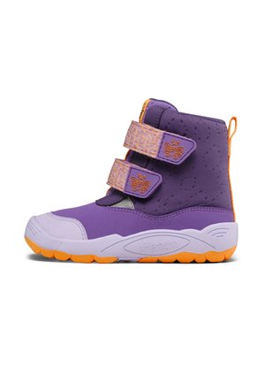 Purple and orange children's boot with two adjustable velcro straps featuring butterfly designs and an orange rubber sole.