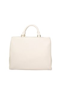 Borsa a mano in pelle bianca con un design strutturato, manici superiori arrotondati e dettagli in metallo dorato. Texture liscia, senza motivi visibili.