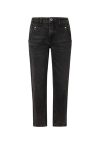 Jeans de mezclilla negra con corte recto, que cuentan con una cintura de altura media, cinco bolsillos y detalles en metal plateado en la parte frontal.