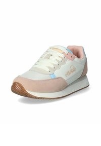 Scarpe sportive con tomaia in rete bianca, dettagli in suede rosa, particolari azzurri e suola in gomma testurizzata. Presentano lacci e marchio in rilievo.