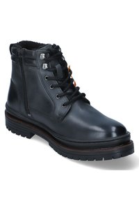 Botín de cuero negro hasta el tobillo con cordones en la parte delantera, cremallera lateral, superficie texturizada y suela de goma con profundos dibujos para mayor tracción.