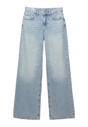 Lichtblauwe, wijdvallende jeans van denim. Heeft vijf zakken, riemlussen en een knoopsluiting. Vervaagde wassing met subtiele slijtage.