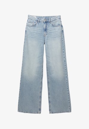 Helleblaue, weit geschnittene Jeans aus Denim. Verfügt über fünf Taschen, Gürtelschlaufen und einen Knopfverschluss. Ausgebleichte Waschung mit dezenten Wischspuren.