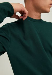 Un uomo che regola il colletto di un maglione girocollo verde scuro, mostrando il collo e un profilo parziale su uno sfondo semplice.