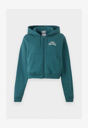 Sweat à capuche zippé bleu sarcelle avec cordons, poches avant, logo "New Balance" sur la poitrine gauche et poignets et ourlet côtelés.