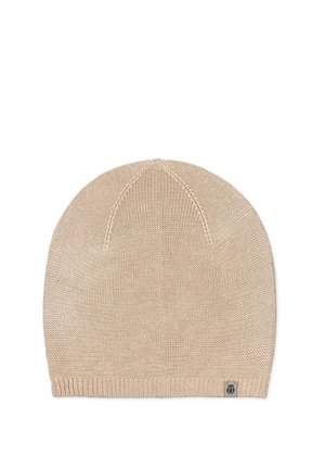 Beige knitted beanie with ribbed edge and small fabric logo tag on the bottom right side.