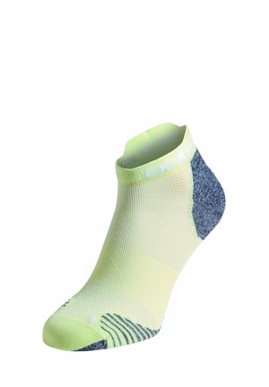 Knöchellange Socke aus leichtem Stoff, mit einem hellgrünen Körper und dunkelschwarzen Fersen- und Zehenbereichen, strukturierter Musterung an der Zehe.