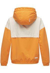 Orange och vit vindtät jacka med huva, med en halvpanel design och elastiska muddar och nederkant. Slätt, vattenavvisande material.