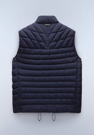 Mörkblå ärmlös pufferväst med diamantquiltat mönster, hög krage och justerbara dragsnören vid fållen.