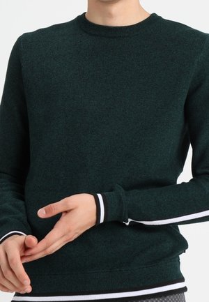 Mand iført mørkegrøn crewneck sweater med hvide og sorte stribede ærmekanter og kant, hænderne placeret foran torsoen.