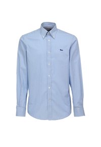 Camicia a righe blu e bianche con bottoni, maniche lunghe, colletto a punta e logo sul petto. Realizzata in tessuto liscio con vestibilità classica.