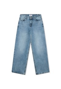 Jeans a gamba larga blu chiaro realizzati in denim, con vita alta, design a cinque tasche e un leggero effetto sbiadito sul tessuto.