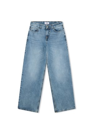 Jeans a gamba larga blu chiaro realizzati in denim, con vita alta, design a cinque tasche e un leggero effetto sbiadito sul tessuto.