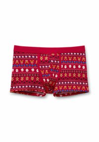 Boxer cortos rojos con un patrón festivo que incluye caras de Santa, hombres de jengibre y adornos navideños en tonos azules, amarillos y blancos.