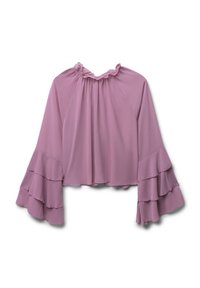 Blusa a maniche lunghe color lilla con collo arricciato e maniche a campana a strati, realizzata in tessuto leggero e fluido.