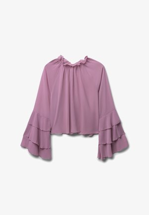 Lavendelfarbenes Langarmbluse mit gerafftem Ausschnitt und gestuften Glockenärmeln, aus leichtem, fließendem Material.