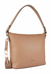 Braune Lederschultertasche mit strukturiertem Finish, ausgestattet mit einem glatten Tragegurt, metallischen Akzenten und einem dezenten Markenlogo auf der Vorderseite.