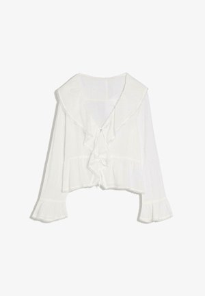 Weiße langärmlige Bluse mit weitem, gerafftem Kragen, vorderer Bindung und ausgestellten Manschetten mit Spitzenbesatz.