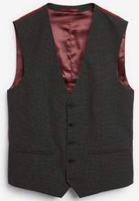 Gilet à motifs gris avec un design en V, cinq boutons à l'avant et une doublure à motifs rouges. Présente deux poches avant et n'a pas de manches.