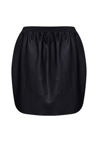 Svart läderkjol med elastisk midja, med en samlad design som skapar volym och en slät, glänsande yta.