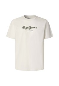 T-shirt blanc à manches courtes avec le logo "Pepe Jeans London" en vert foncé centré sur la poitrine.