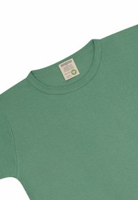 Groene katoenen T-shirt met een ronde hals, een gladde textuur en een geweven label dat de maat aangeeft. Eenvoudig ontwerp, zonder patronen of versieringen.